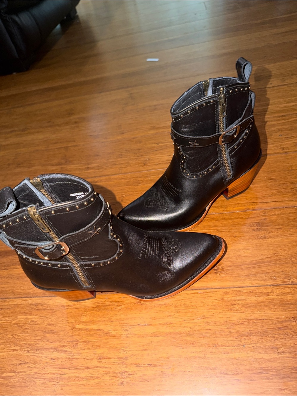 Black Studded Western Ankle Boots with Side Zip